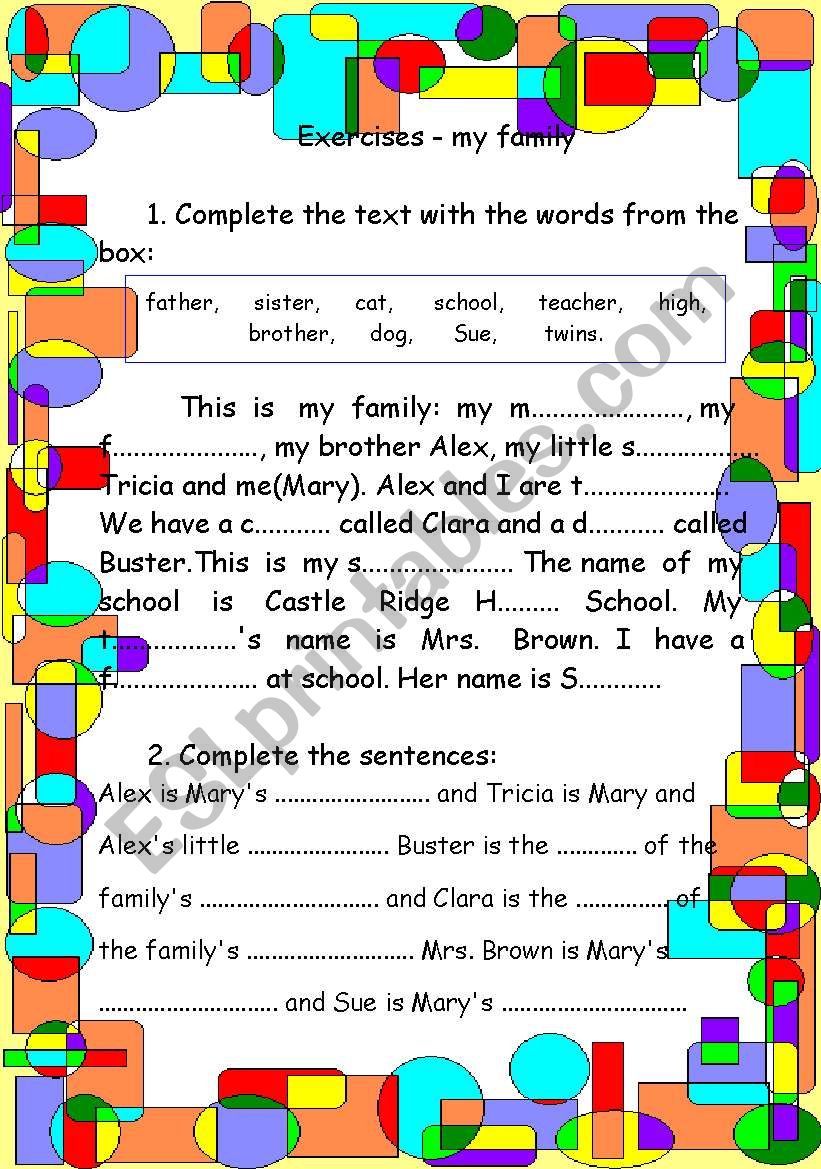 Exercises-my family worksheet