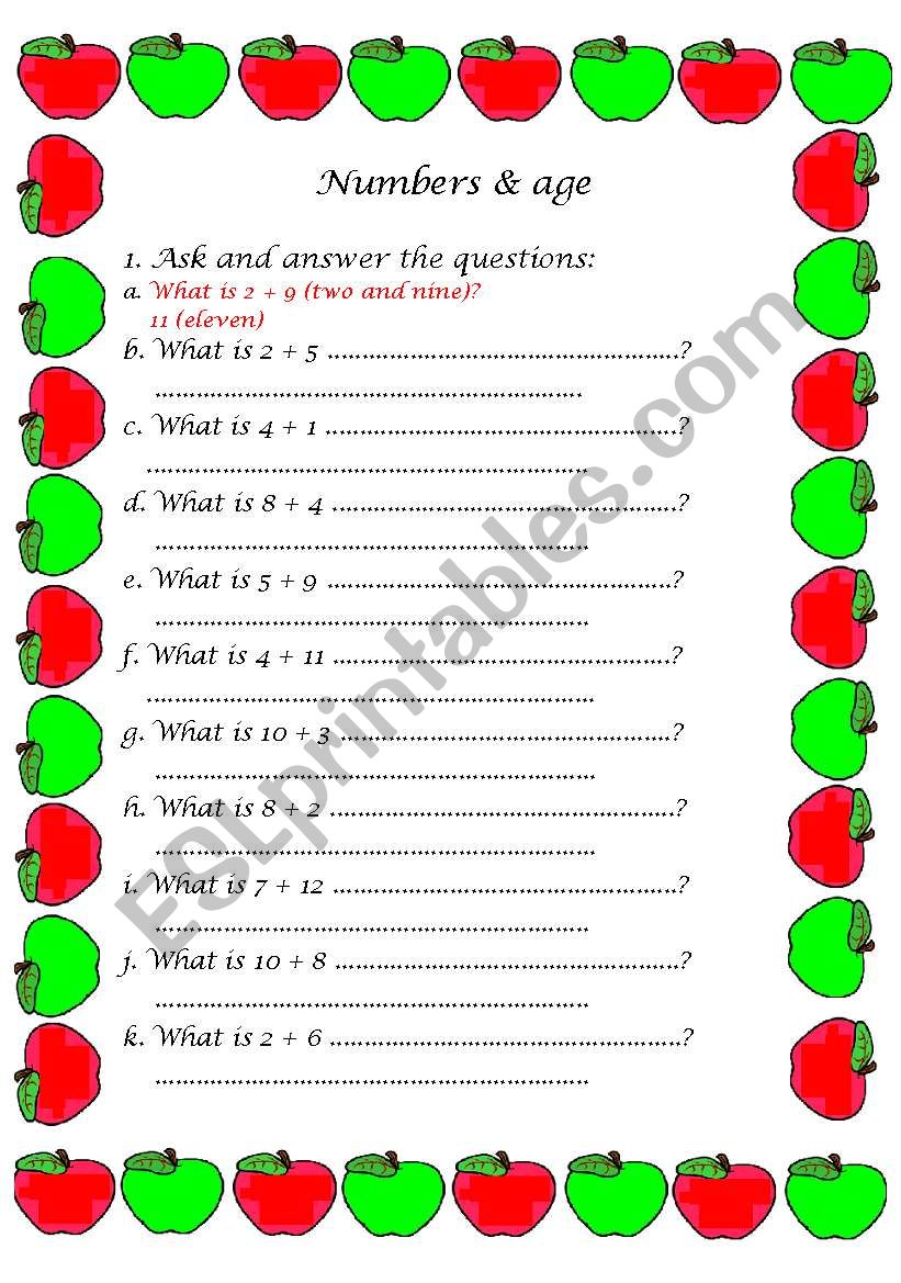 Numbers&age worksheet