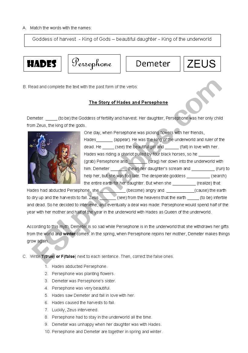 myth-Persephone and Hades worksheet