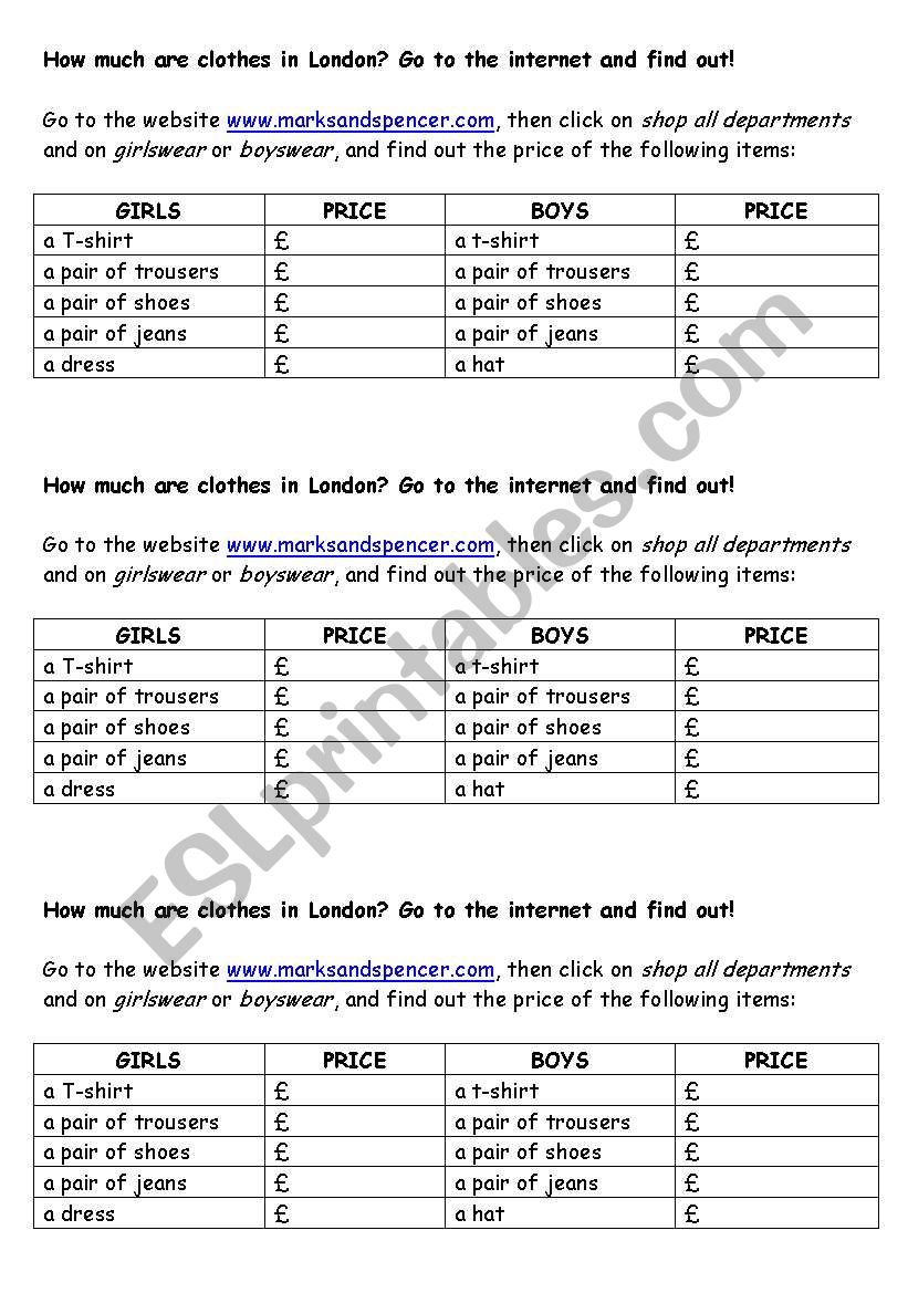 Webquest - clothes worksheet