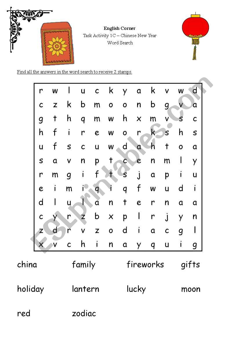 Chinese New Year Word Search worksheet