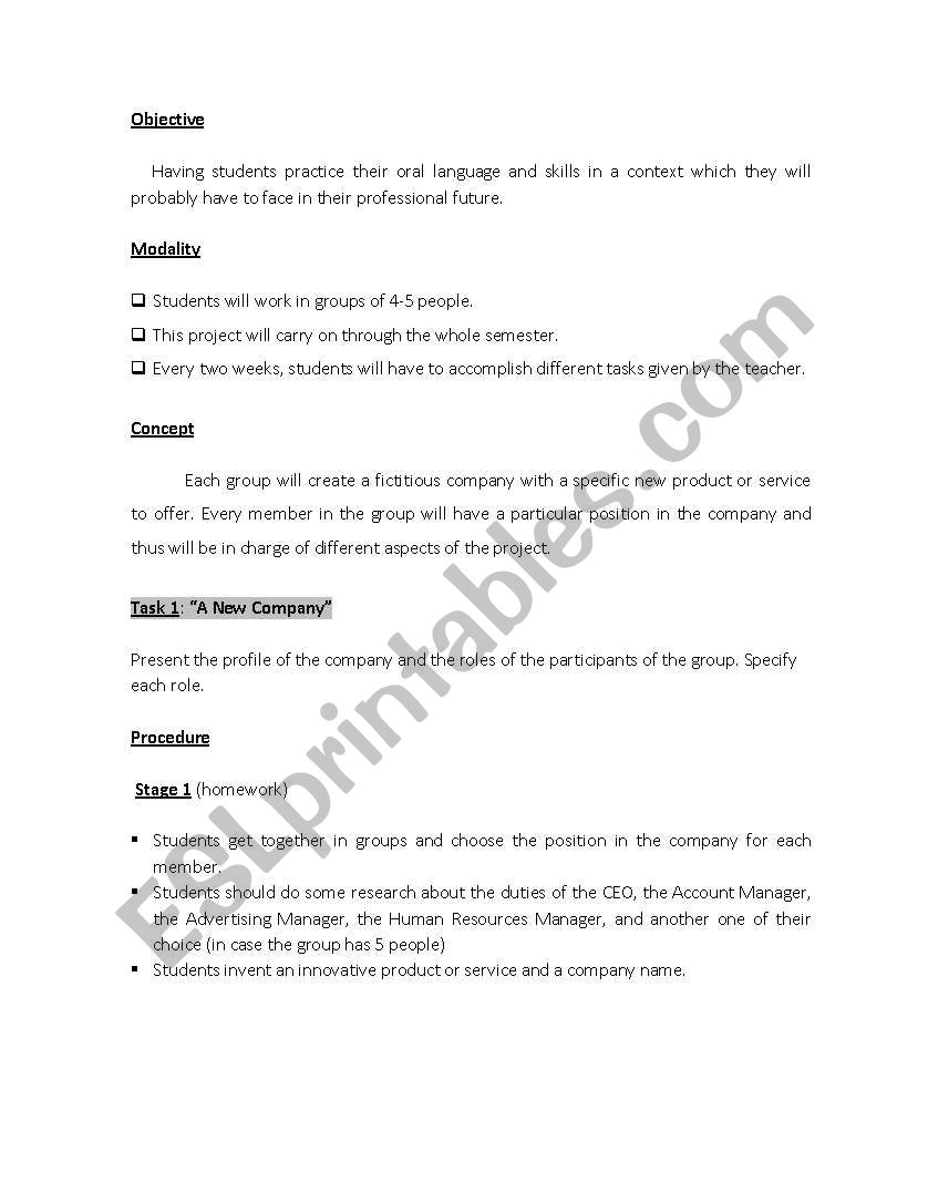 Business Game worksheet