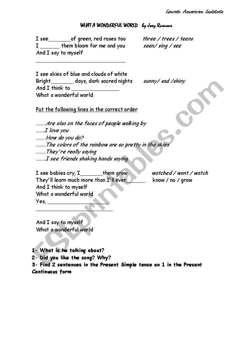 What a wonderful world worksheet