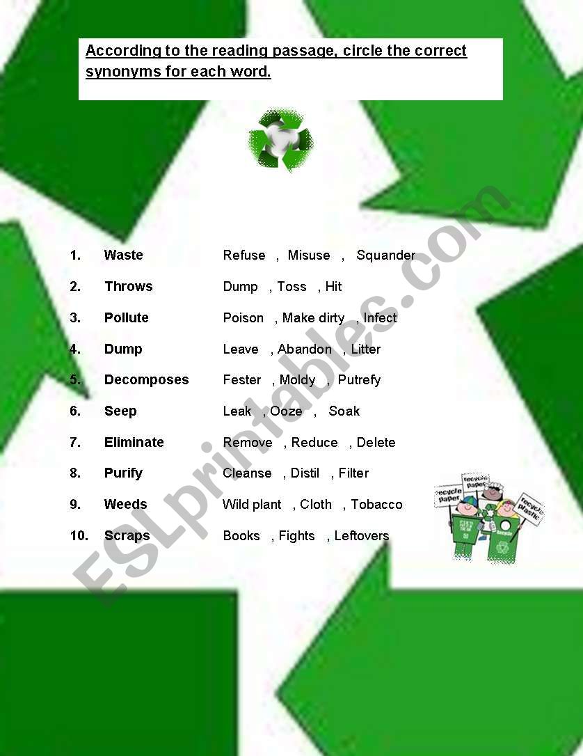 recyle.find the synonyms. worksheet