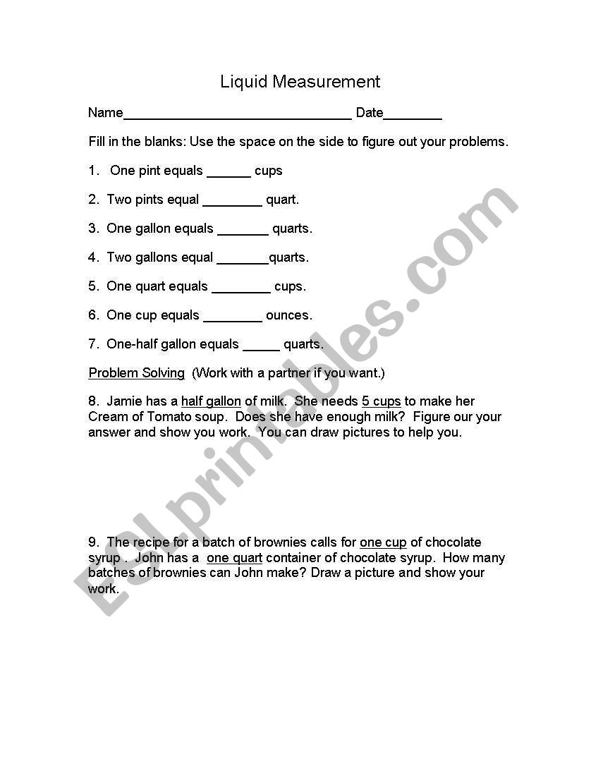 Liquid Measurement worksheet