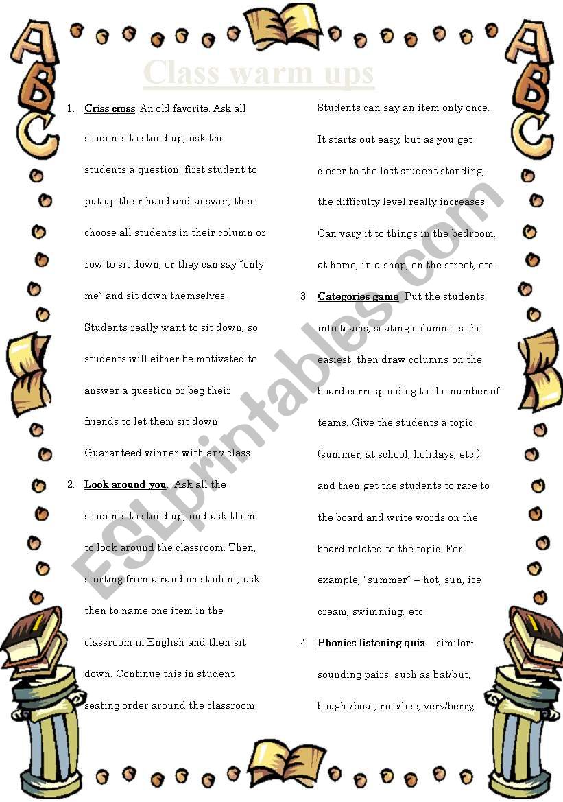 Class warm ups worksheet