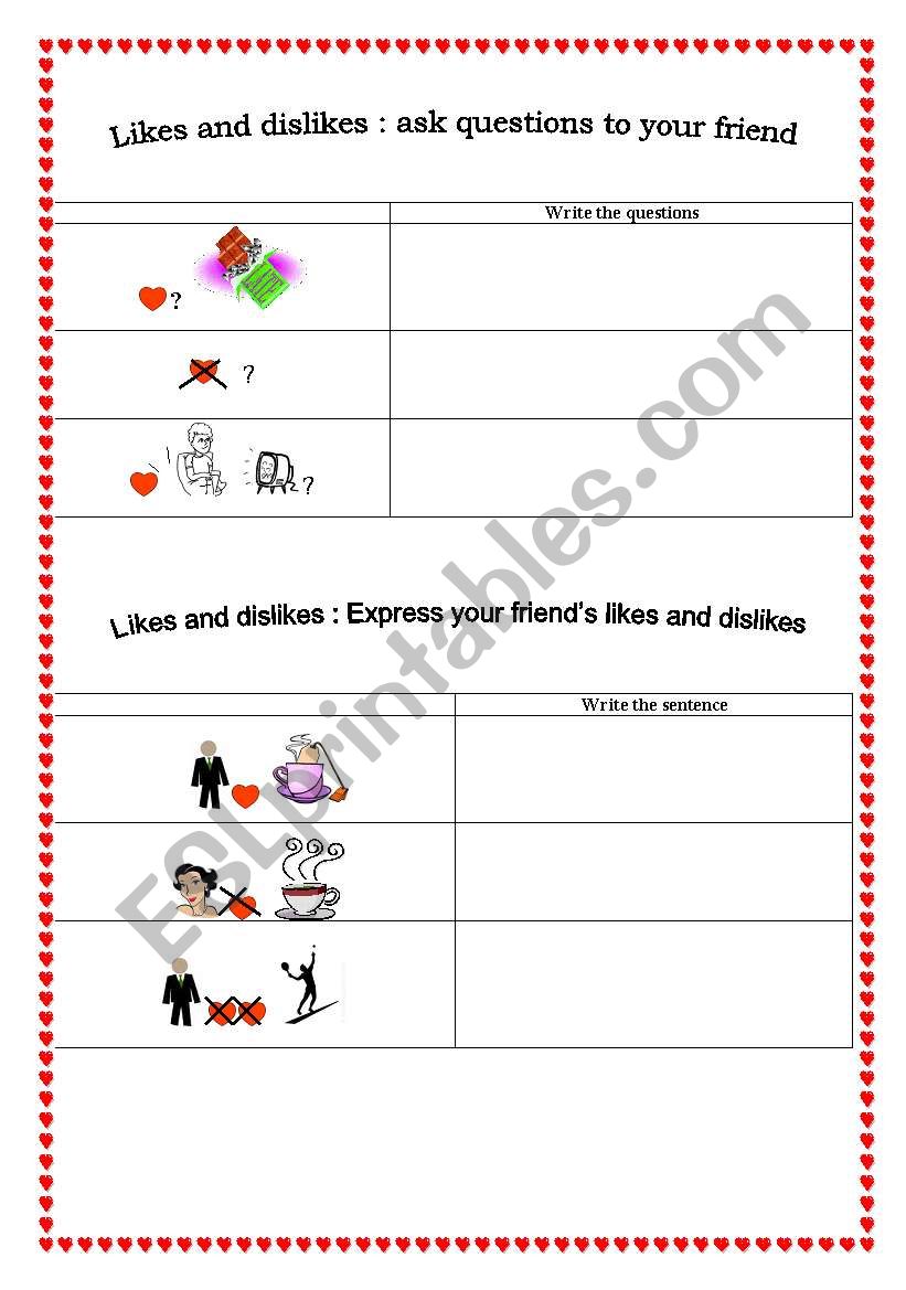 likes and dislikes worksheet