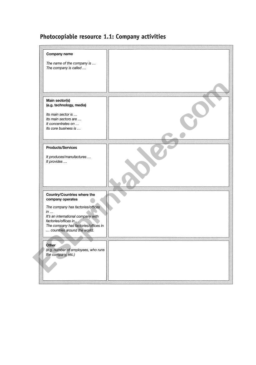 Company Activities (Profile) worksheet