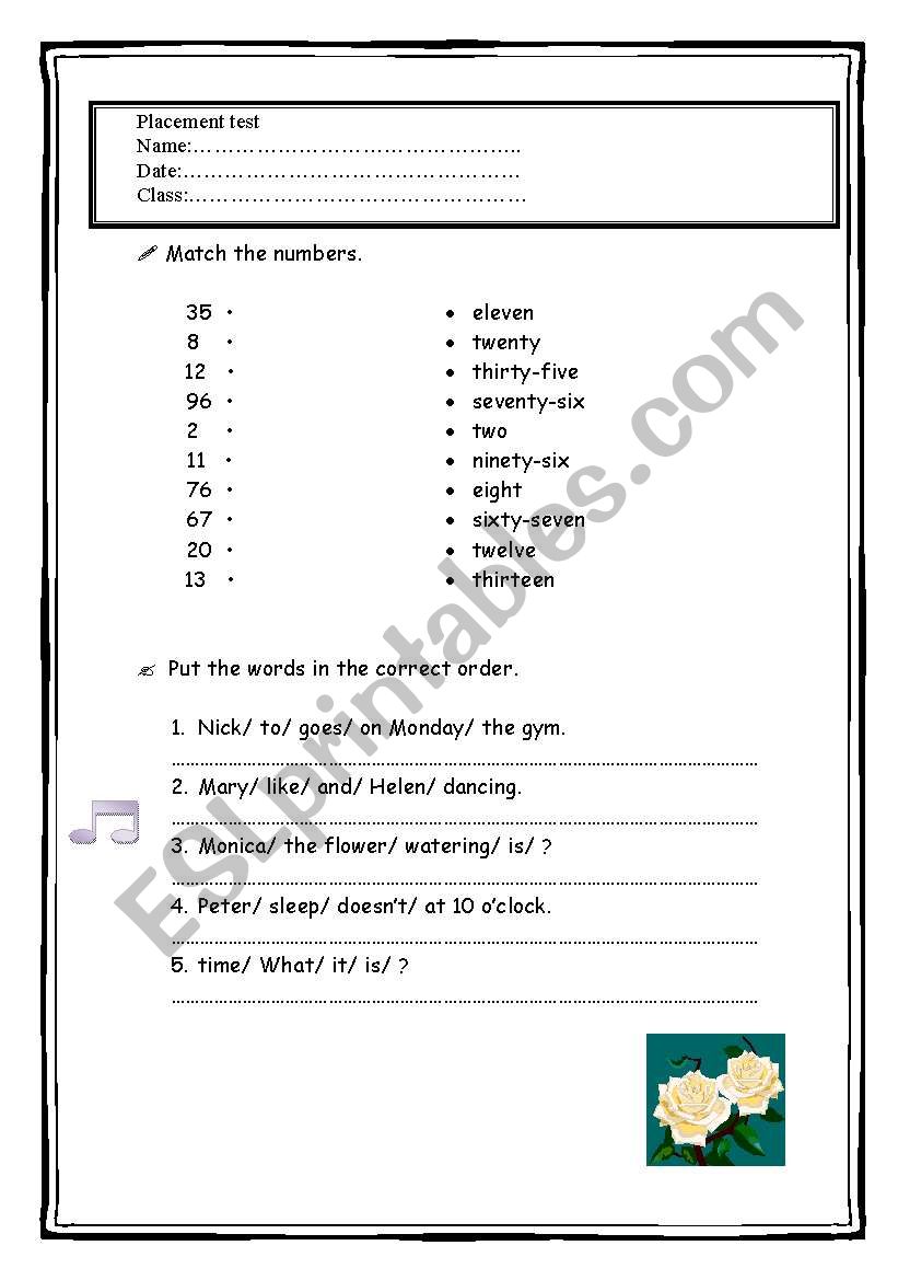 Placement test worksheet