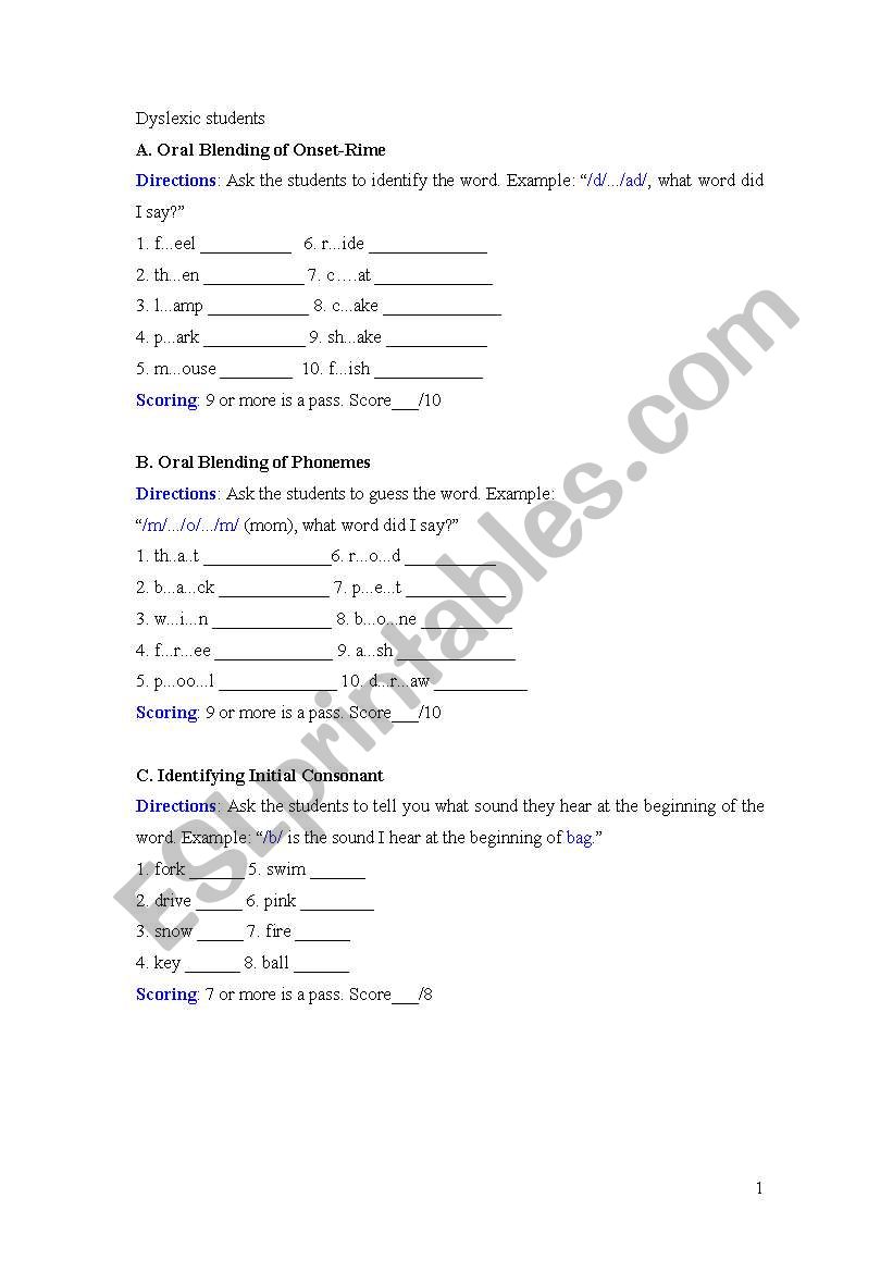 for dyslexic students worksheet