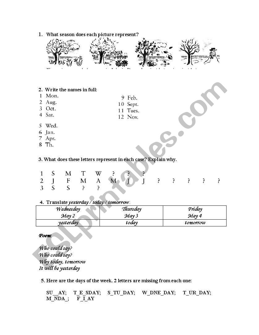 Seasons, Months, Days worksheet