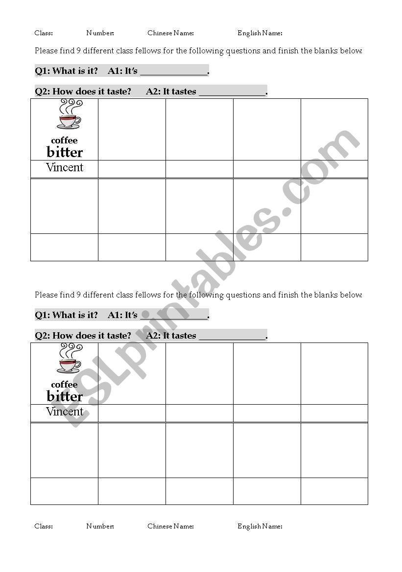 taste questionnaire worksheet