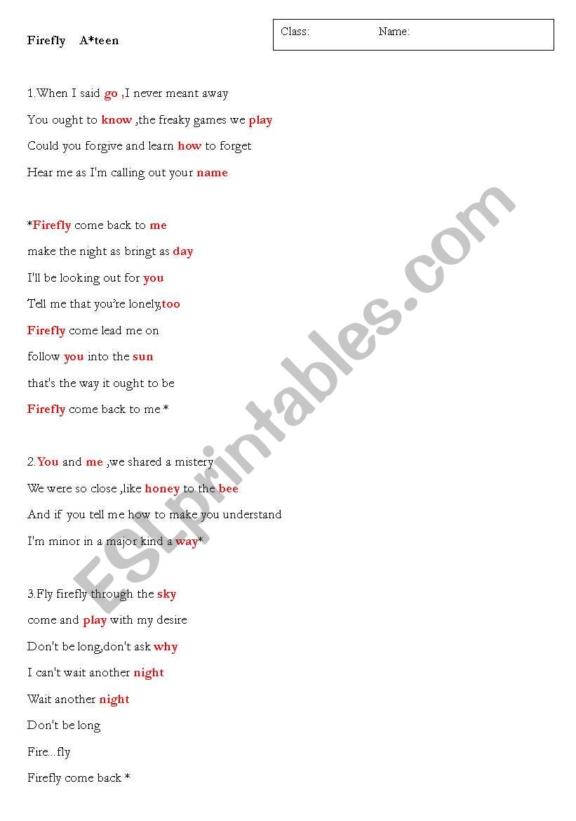 Song -Firefly worksheet