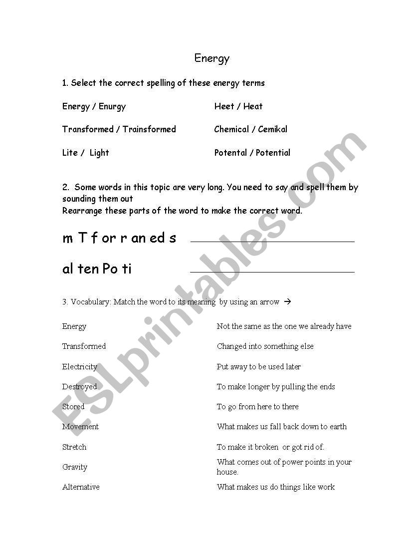 Energy  worksheet