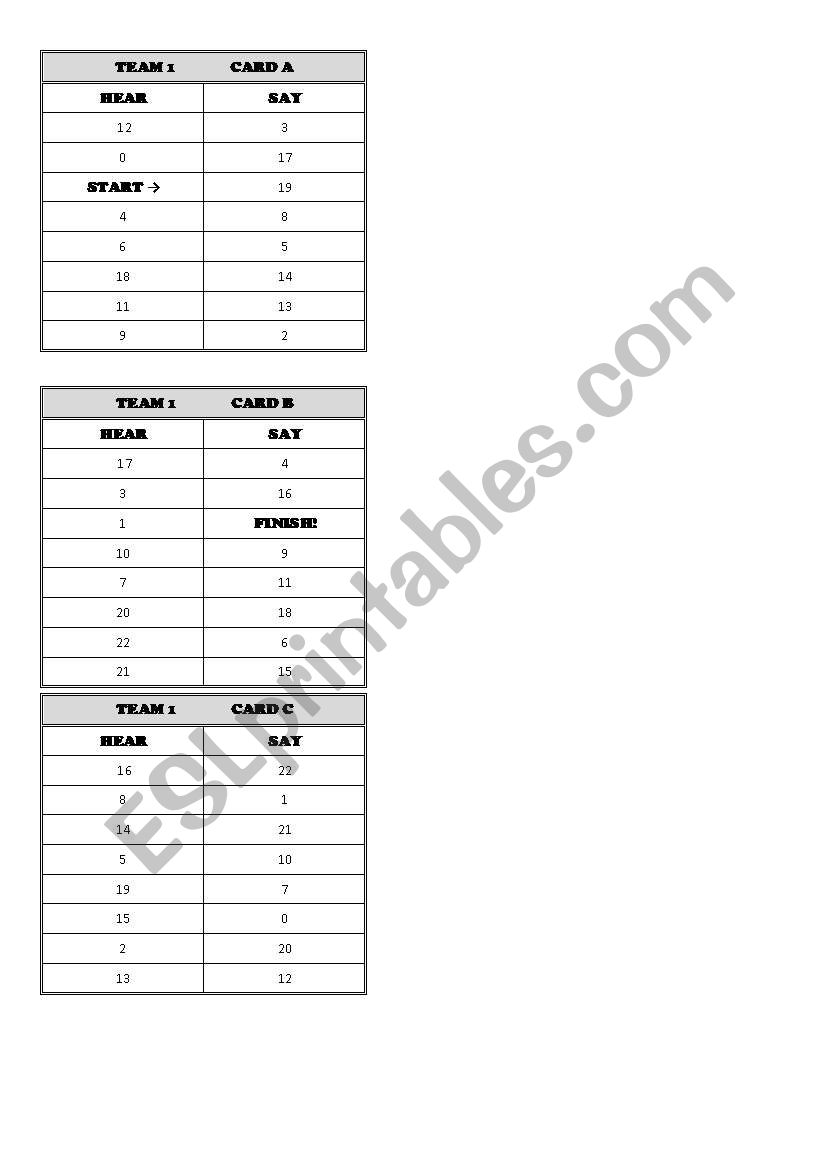 hear and say game - numbers worksheet