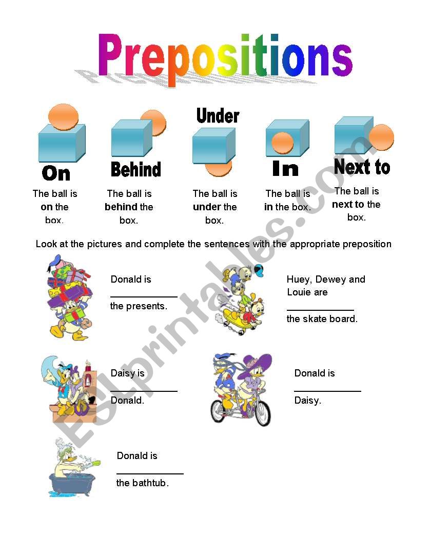 Prepositions with Donald Duck, color and b/w