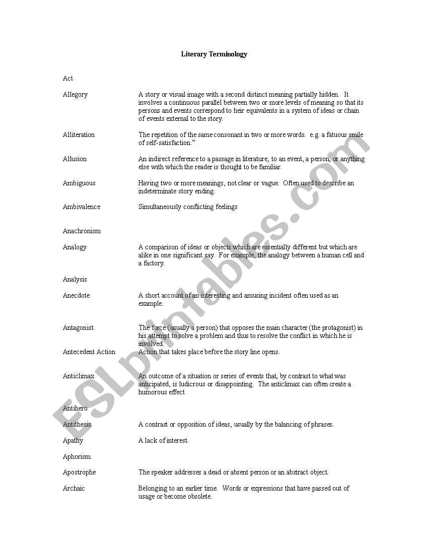 Literary vocabulary worksheet