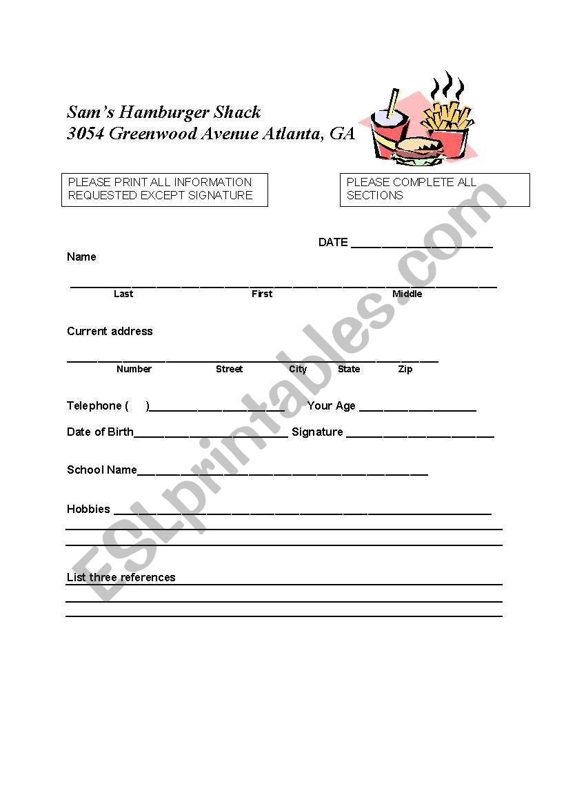 Job application worksheet