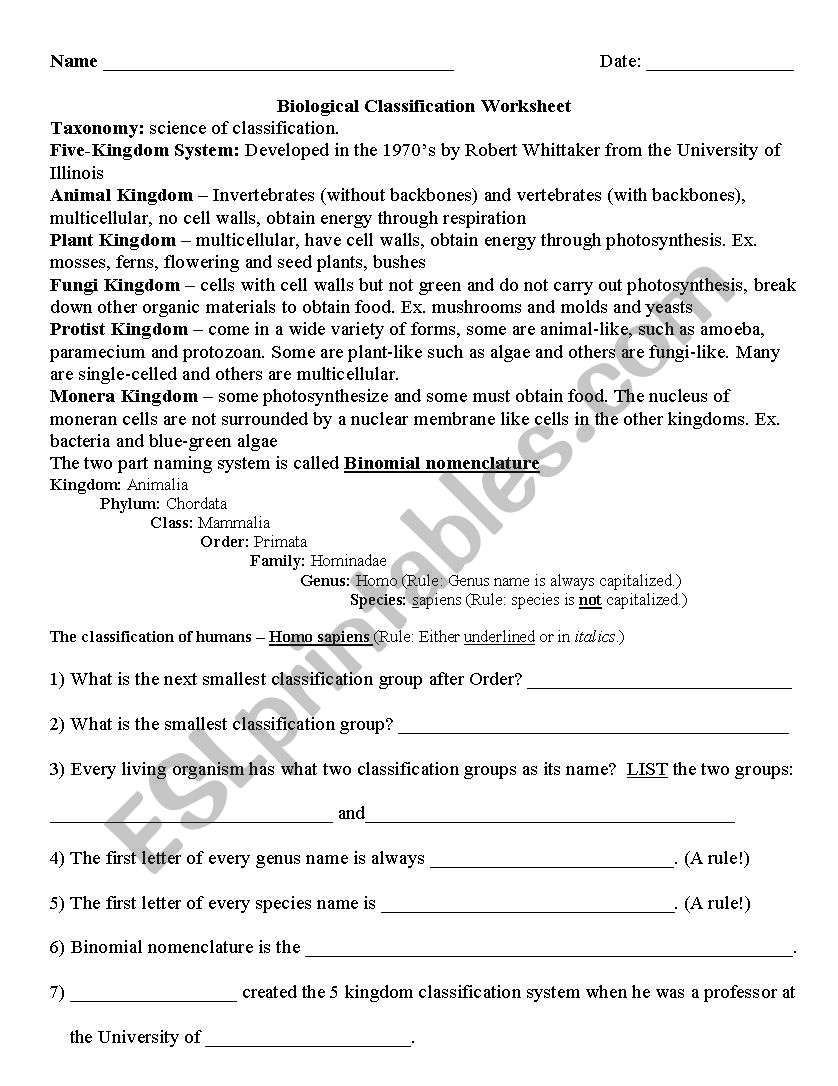 Binomial Nomenclature worksheet