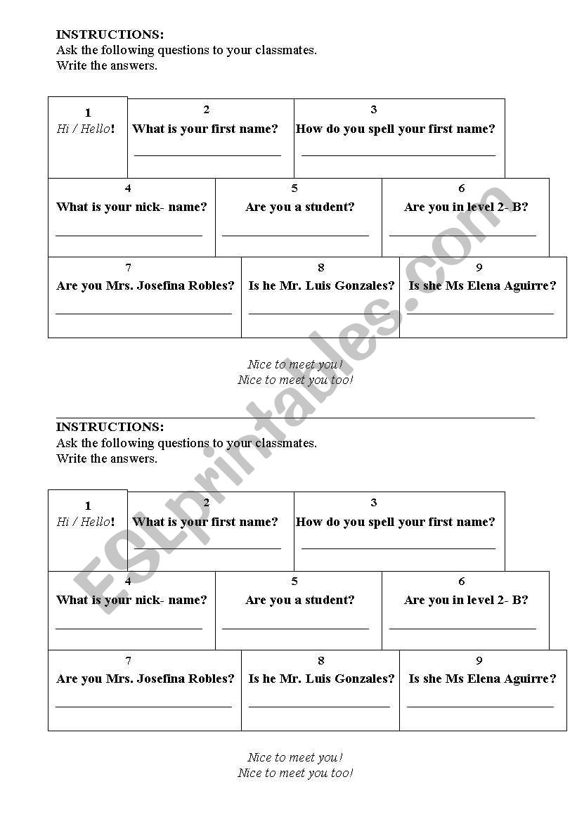 Getting to know you  worksheet