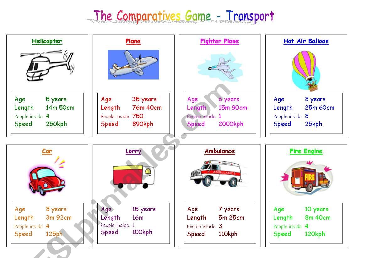 Transport Comparatives Game worksheet