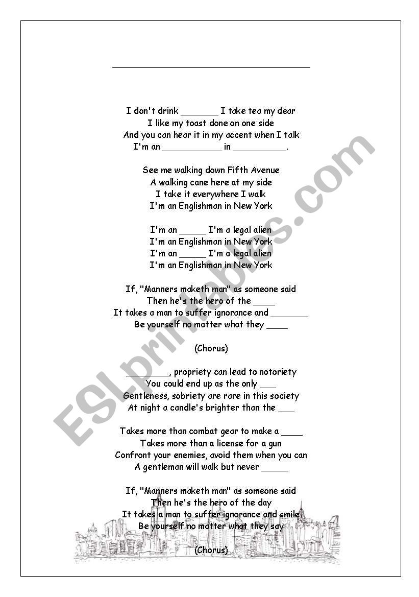 English man in New York song worksheet