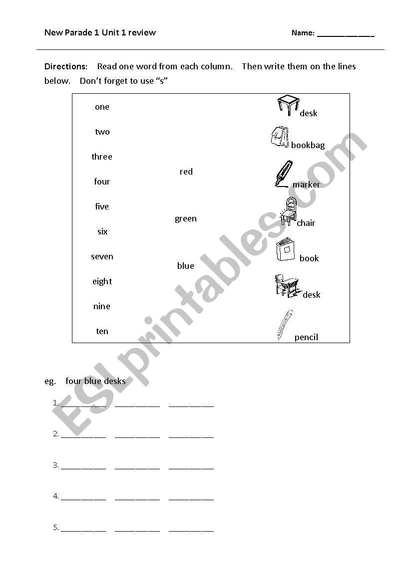 Number 1-10, color, classroom objects worksheet