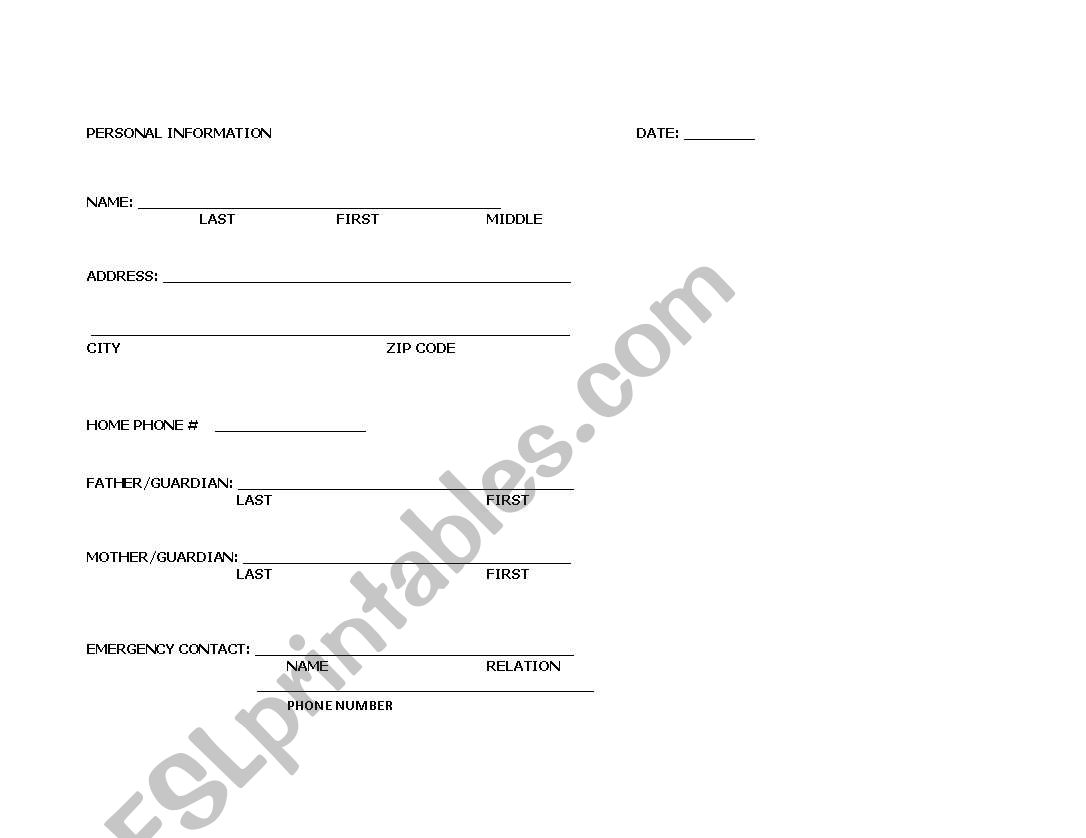 personal information worksheet