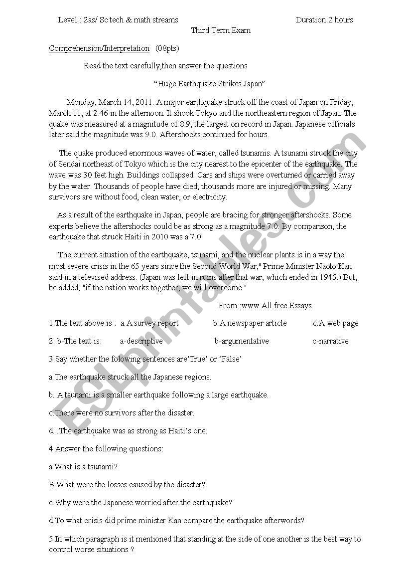 2nd year  3rd exam worksheet