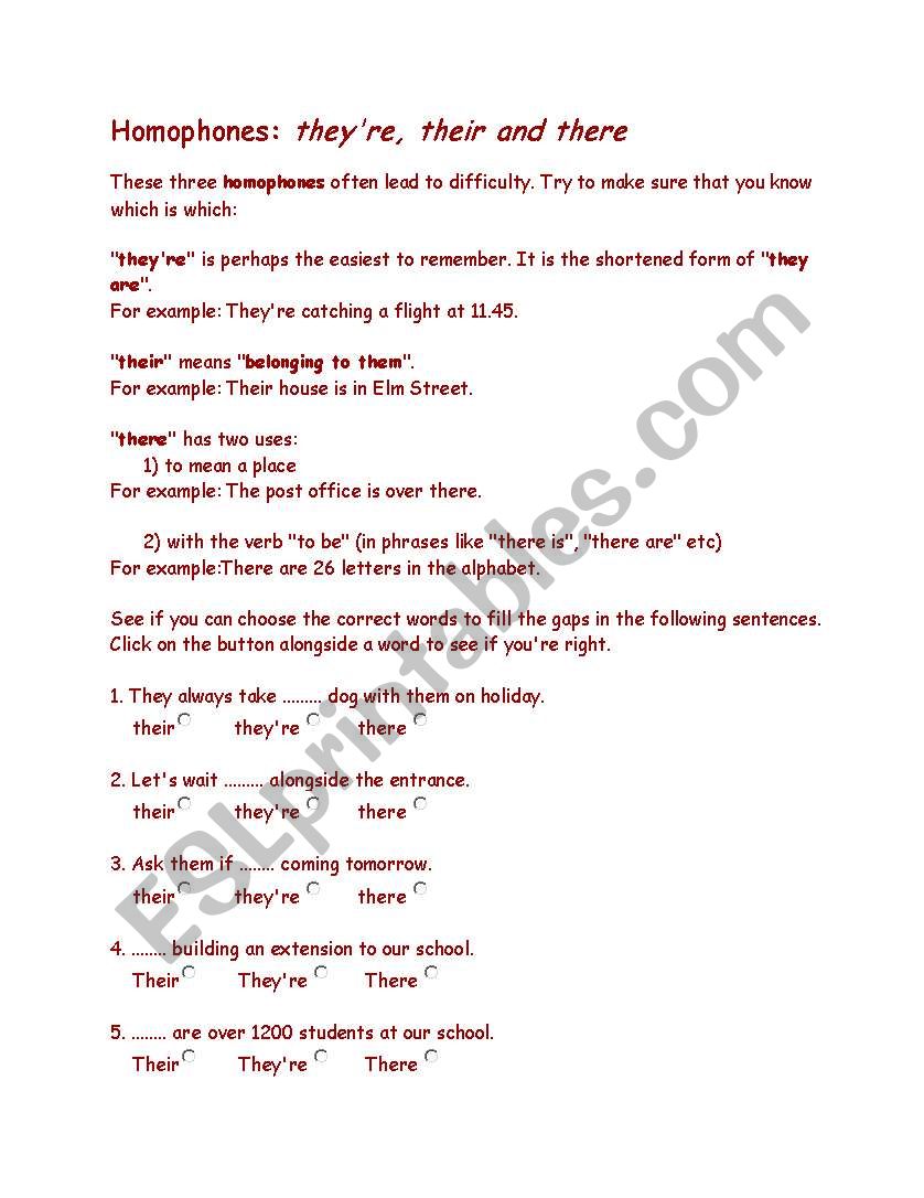 Homophones-their vs theyre worksheet