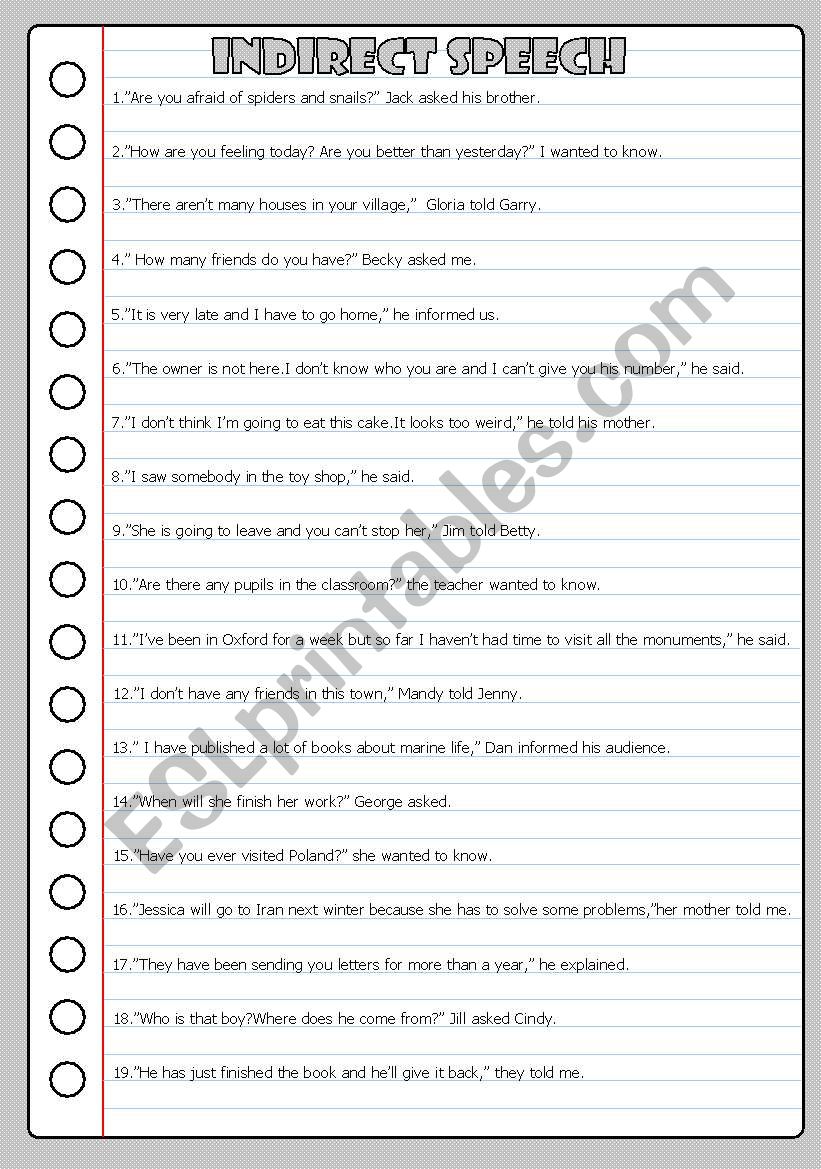 indirect speech 7 worksheet