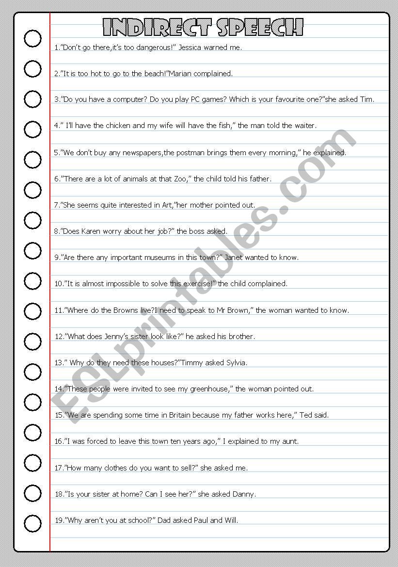 indirect speech 8 worksheet