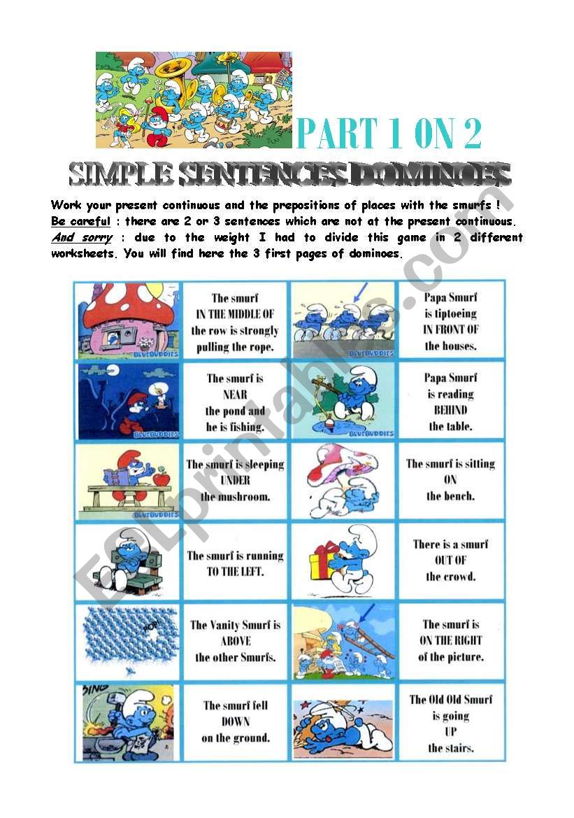 dominoes present continuous + prepositions of place with the smurfs - 1/2