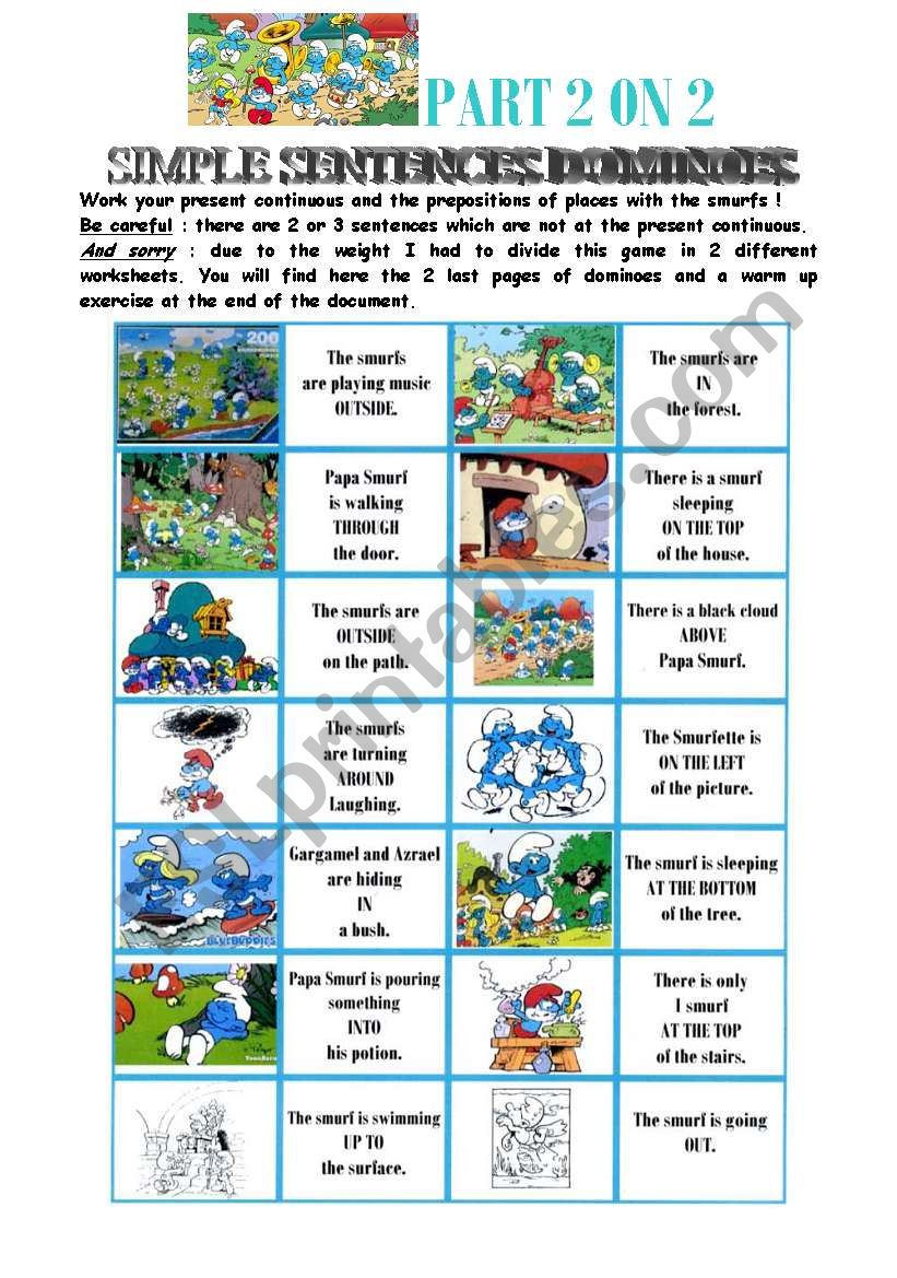 dominoes on present continous + prepositions of place with the smurfs - 2/2