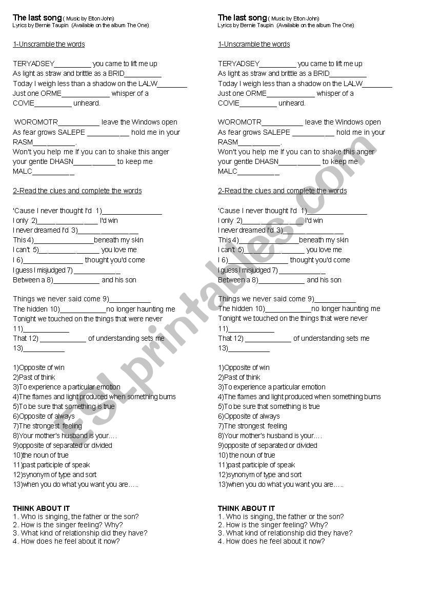 the last song - elton john worksheet