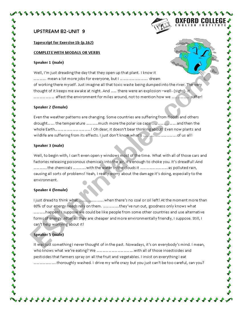 UPSTREAM B2-UNIT  9-Tapescript for Exercise 1b (p.162) 