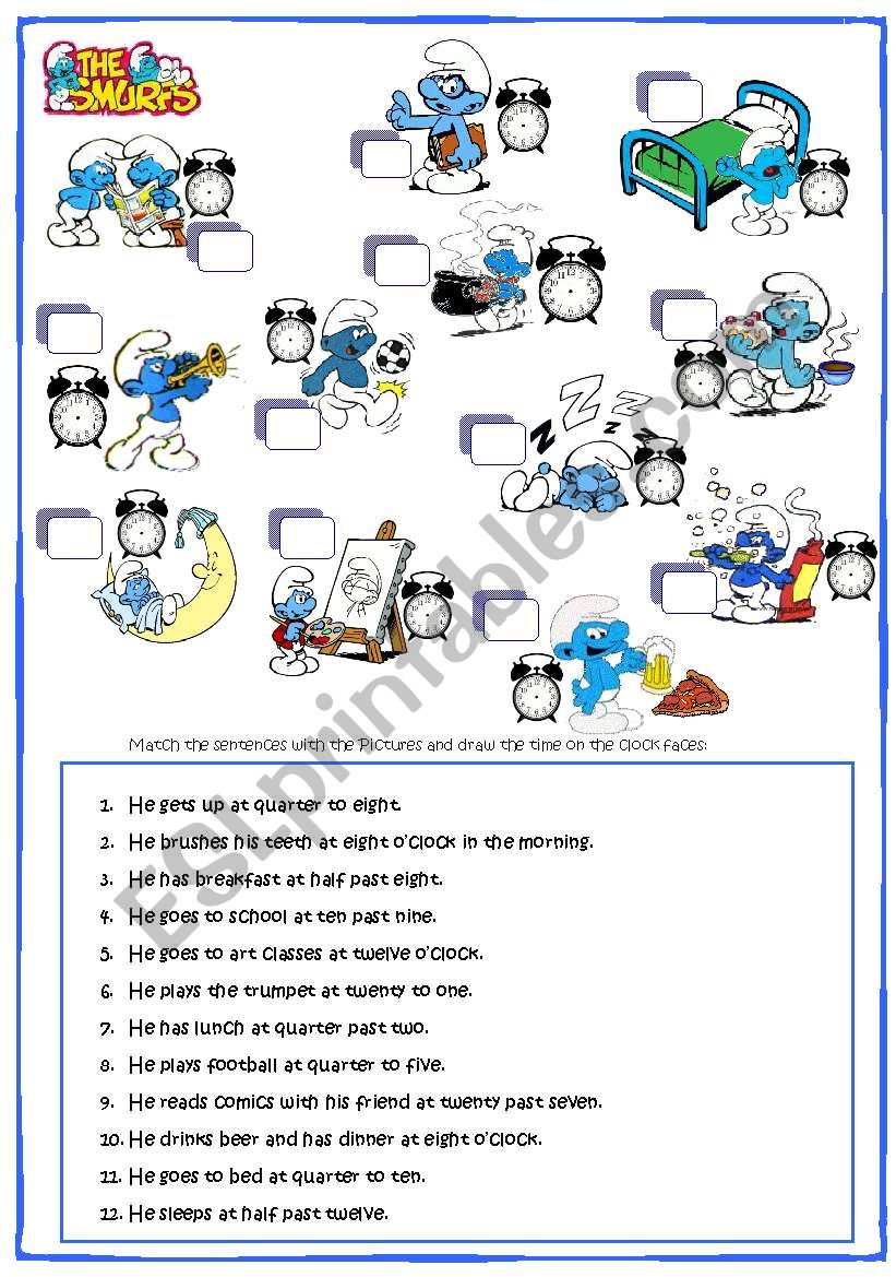 Smurf daily routine & Time worksheet