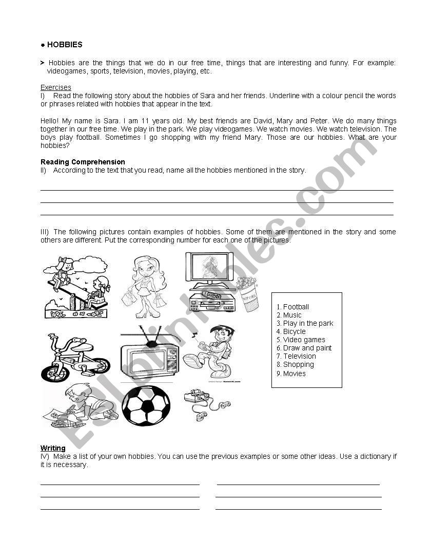 HOBBIES worksheet