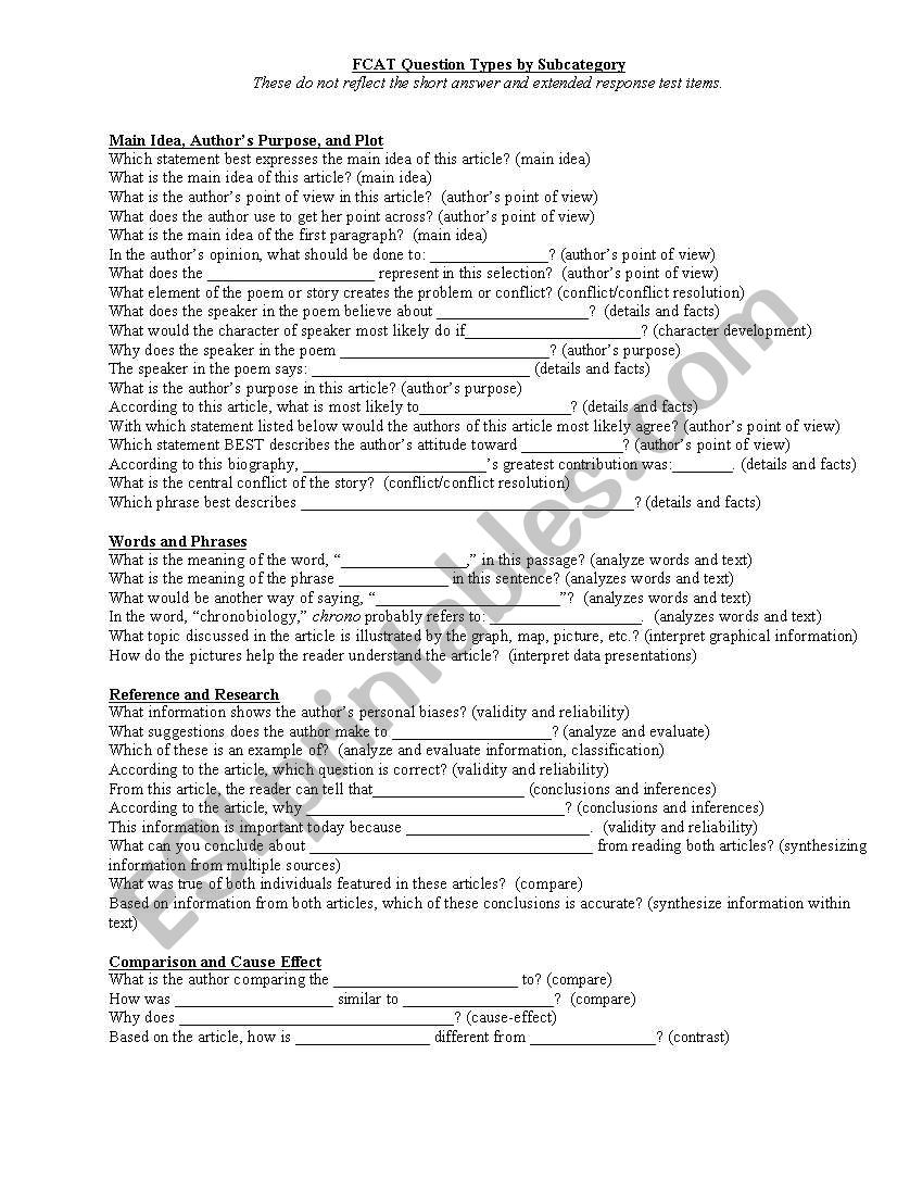 question stems for fcat worksheet