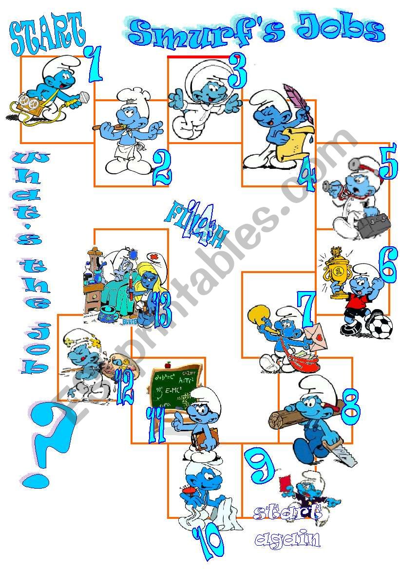 smurfs and jobs boardgame worksheet
