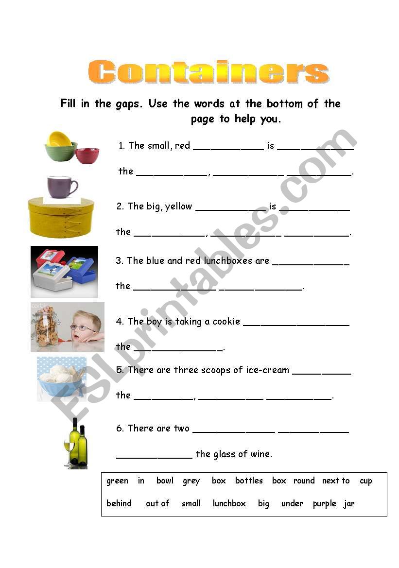 containers, colours and prepositions