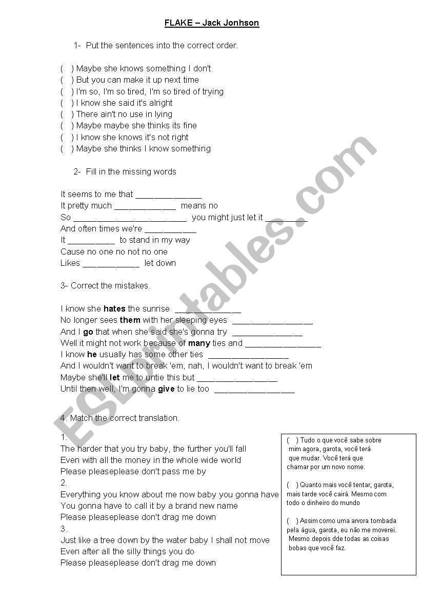 FLAKE - Jack Johnson worksheet