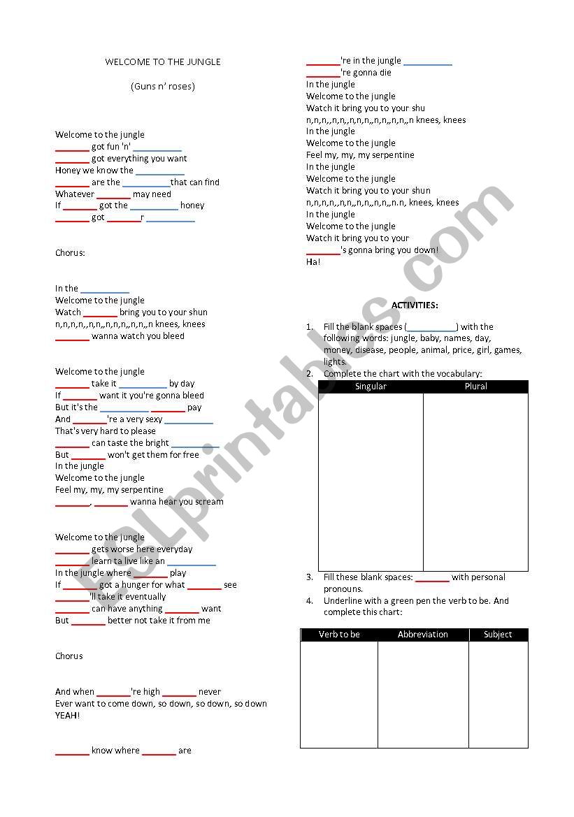Welcome to the Jungle - Song worksheet