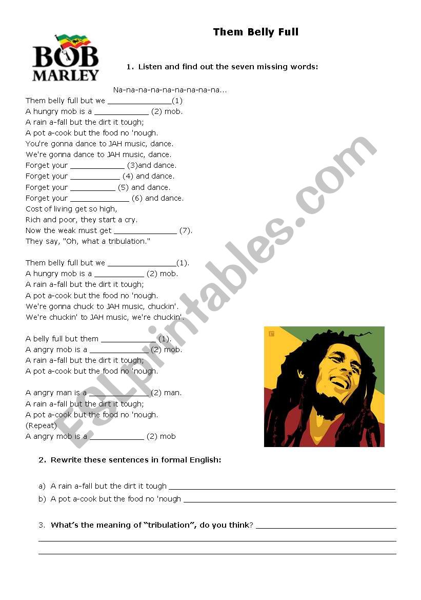 Them Belly Full - Bob Marley worksheet