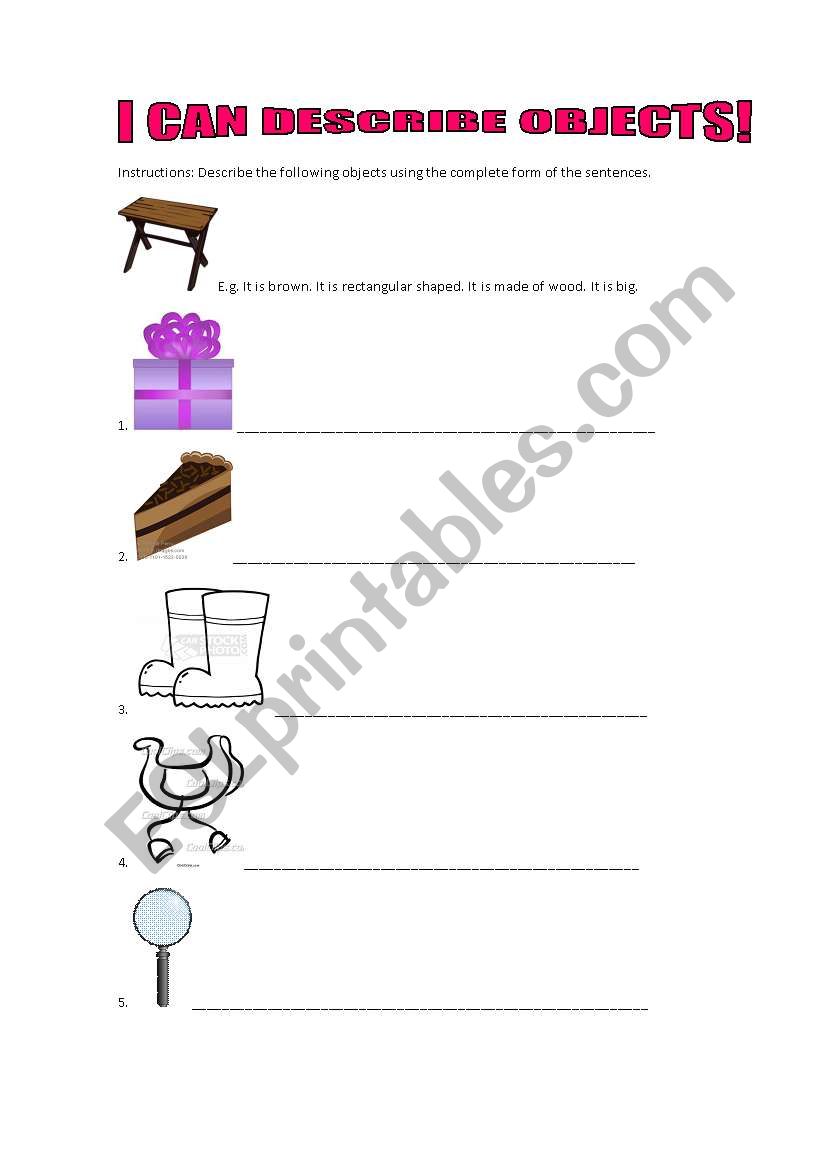 I can describe objects worksheet