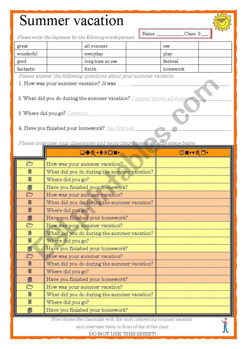 Summer vacation worksheet