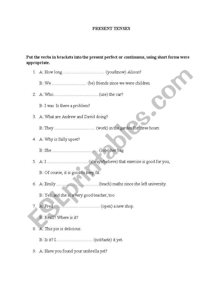 present tenses worksheet