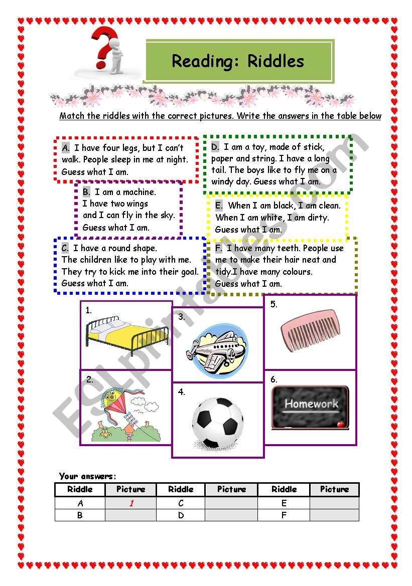 Reading :Riddles worksheet