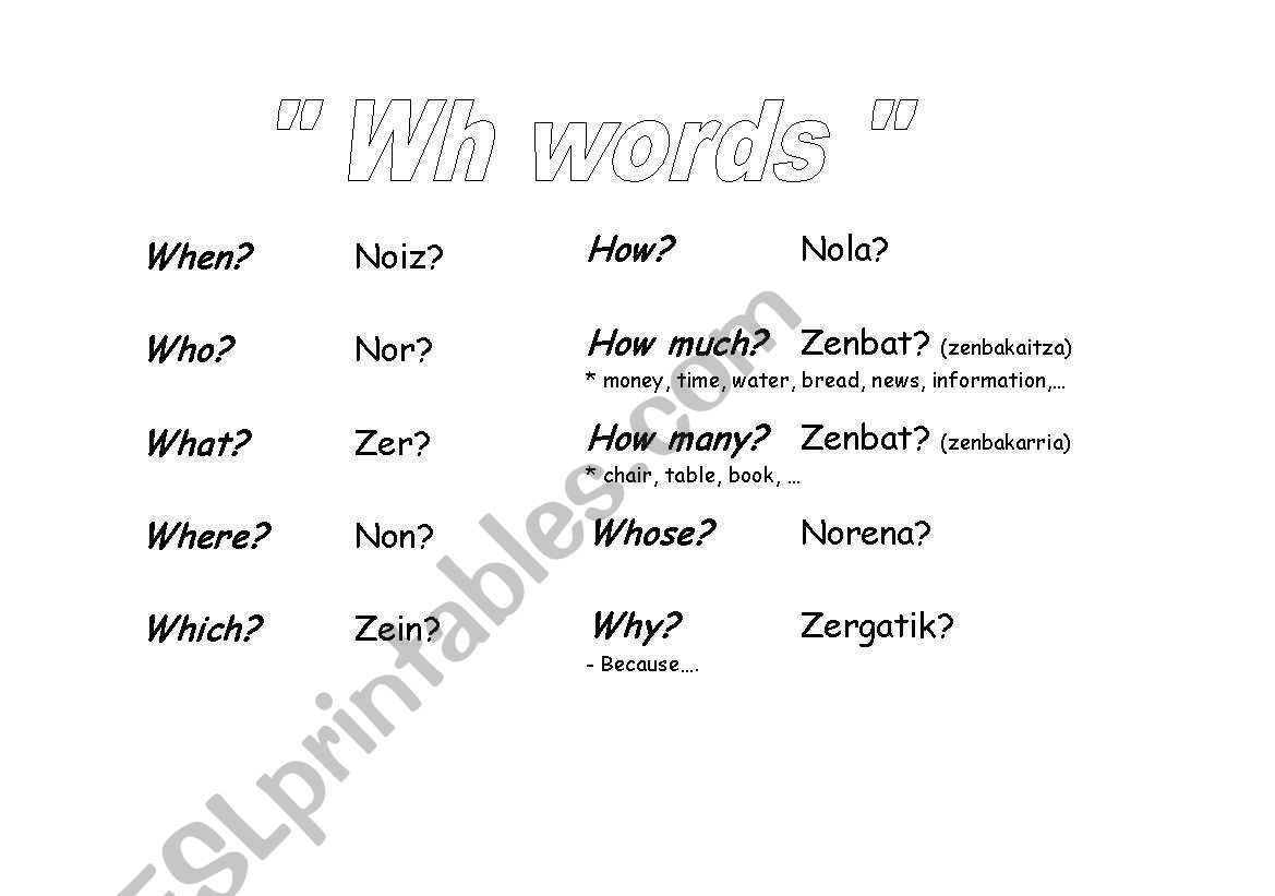 WH words worksheet