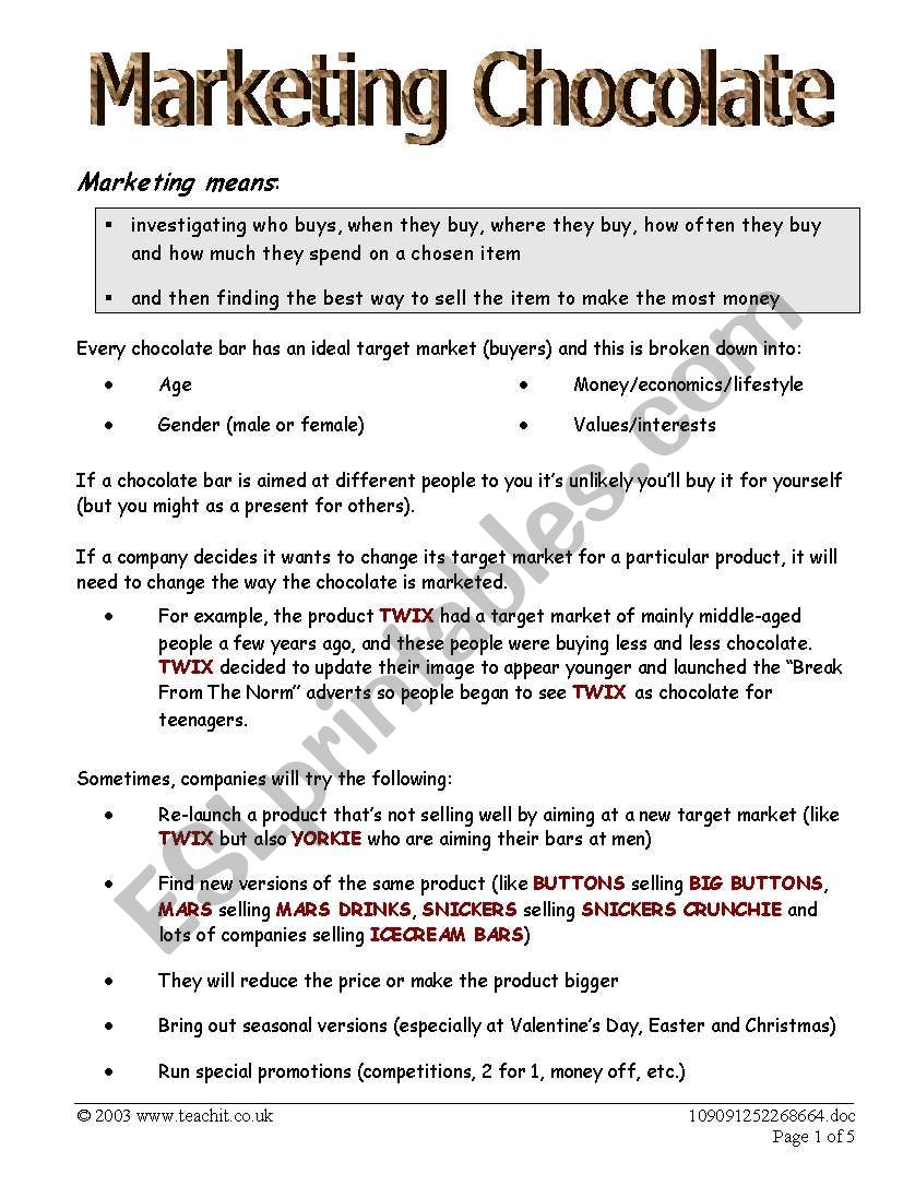 How to sell chocolate worksheet